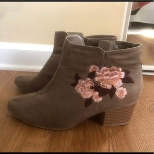 Boutique Tan Booties With Floral Accent